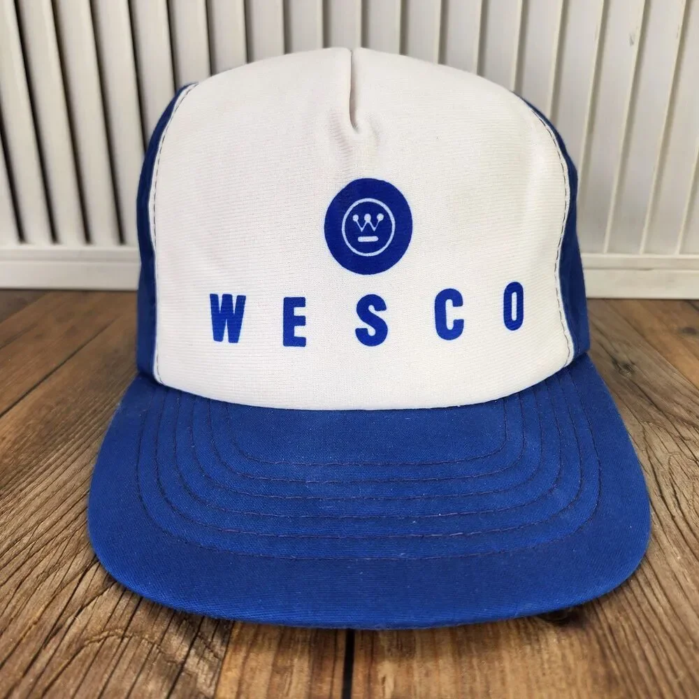 VINTAGE Wesco Foam Trucker Hat Cap White Blue Snapback Young An 80s 90s Farmer